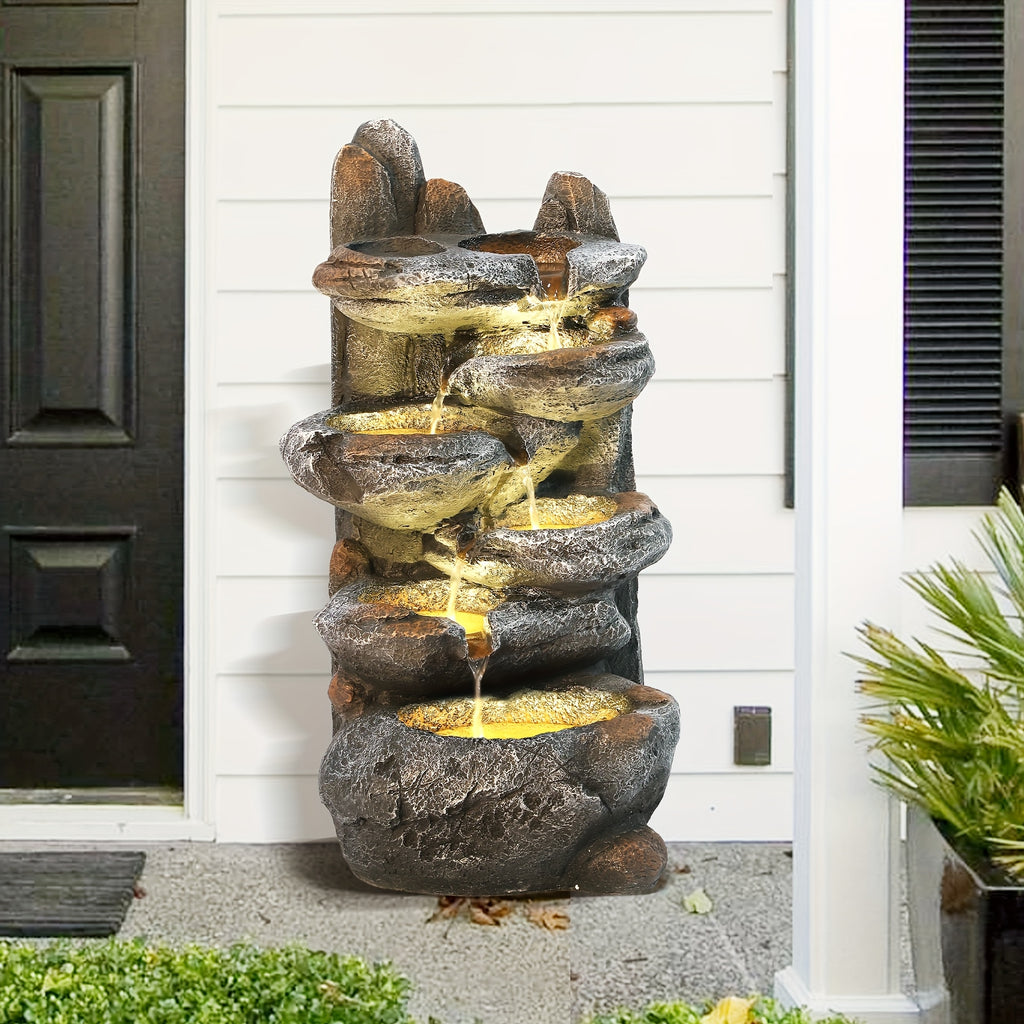 6-Tier Cascading Rockery IPX5 Outdoor Fountain, Garden Floor-Standing Stone Waterfall Fountains with Pump Rocky Peak Decor, Soothing Tranquility Water Fountain for Home Garden Yard, 26" H