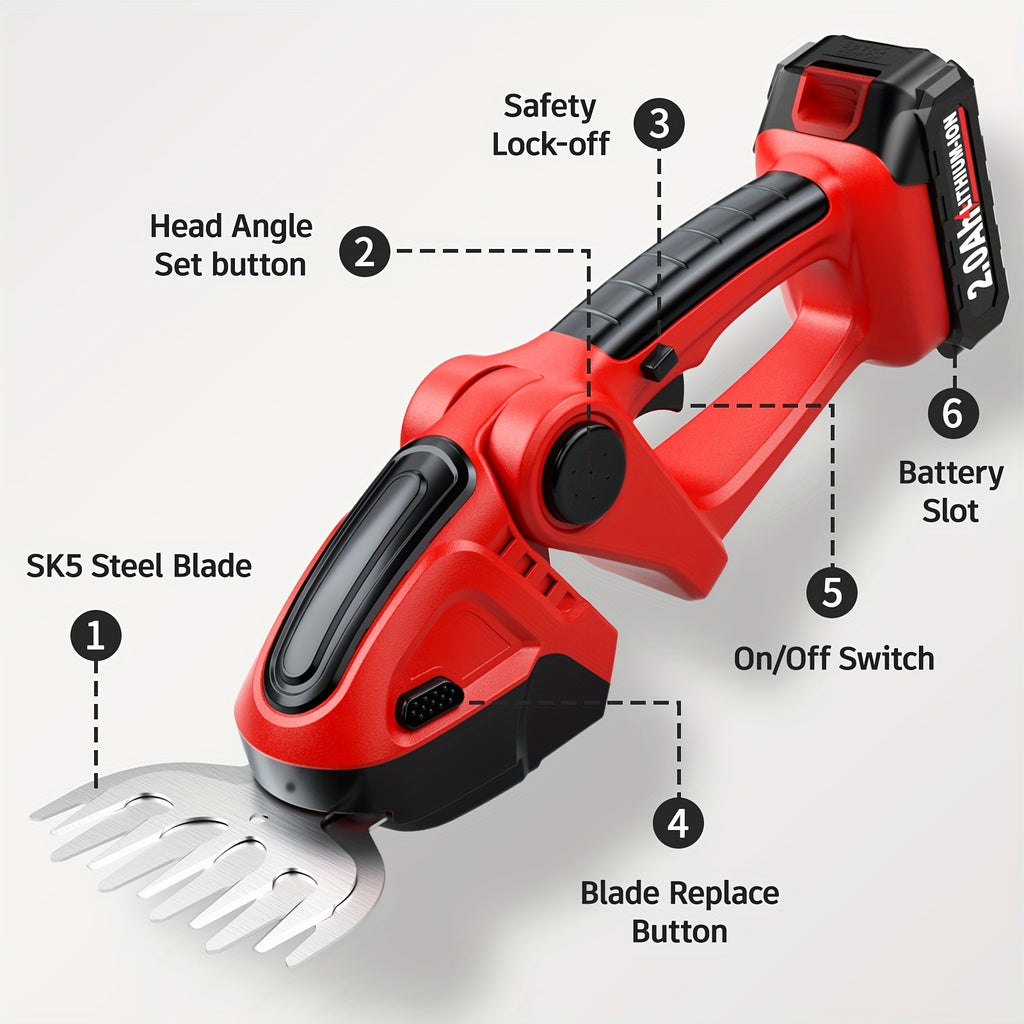 Battery-Powered Hedge Trimmer 21V Cordless Electric Hedge Trimmer and Grass Shears, 2-in-1 Handheld Lawn Trimmer/Shrub Cutter, Lightweight and Portable, Suitable for Home Garden, Landscape, Lawn, Farm, with Blades, 2000mAh Battery and Charger