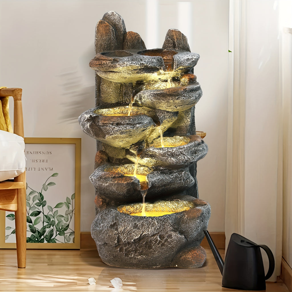 6-Tier Cascading Rockery IPX5 Outdoor Fountain, Garden Floor-Standing Stone Waterfall Fountains with Pump Rocky Peak Decor, Soothing Tranquility Water Fountain for Home Garden Yard, 26" H