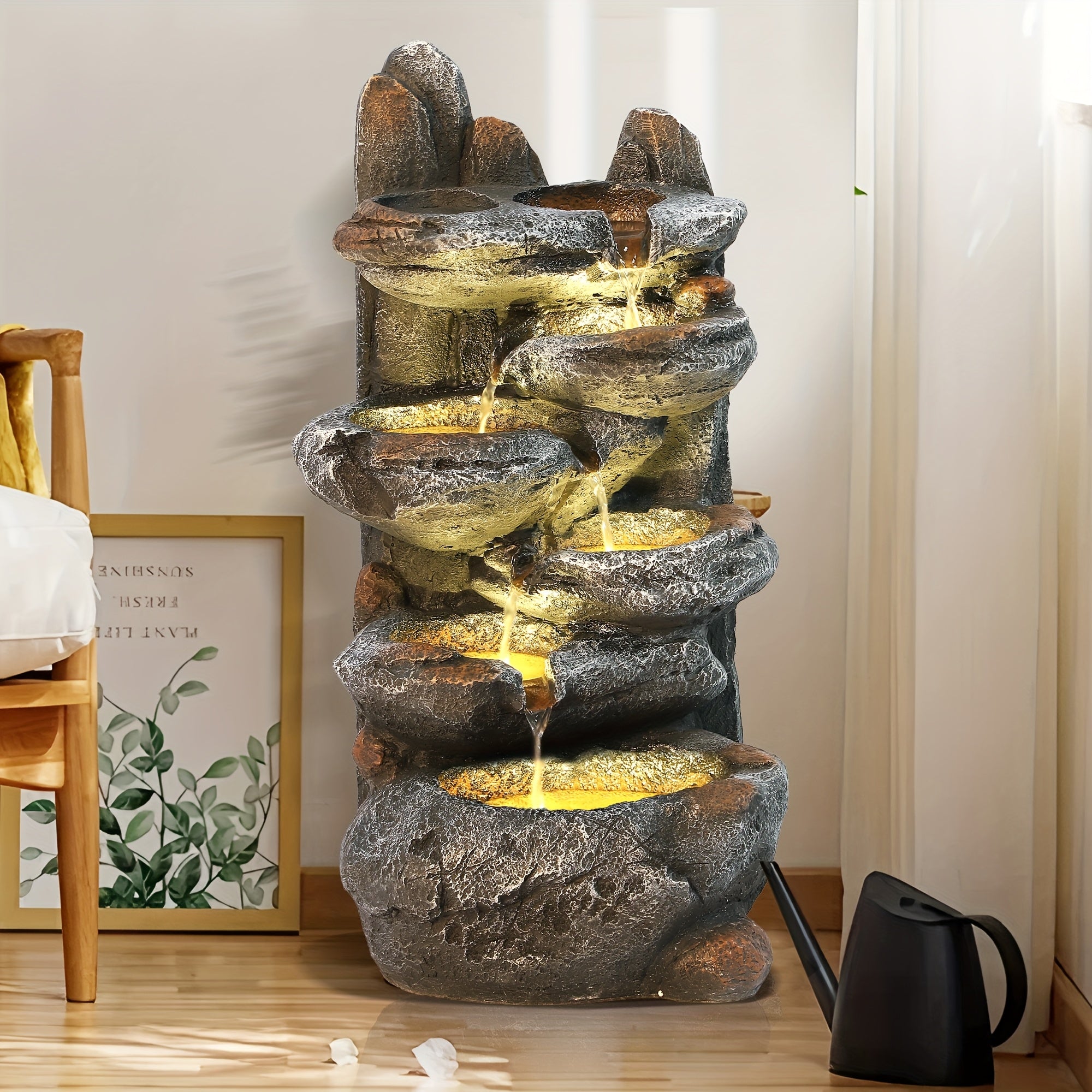 6-Tier Cascading Rockery IPX5 Outdoor Fountain, Garden Floor-Standing Stone Waterfall Fountains with Pump Rocky Peak Decor, Soothing Tranquility Water Fountain for Home Garden Yard, 26" H