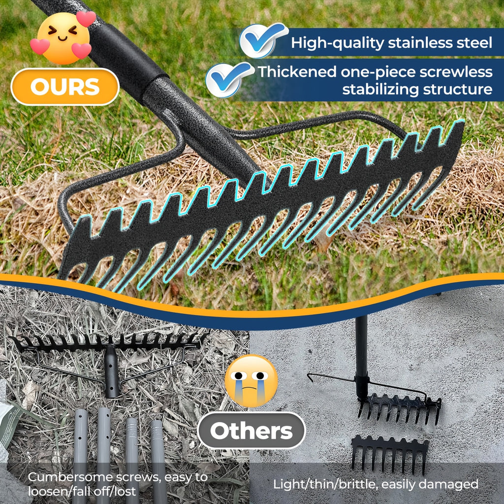 49/63/77Inch Rake - 17" Wide Garden with Double-Sided, Heavy Duty Lightweight Stainless for Mulching & Debris Removal, Leveling Lawn, Loosening Soil, Leaf Cleanup, Soil