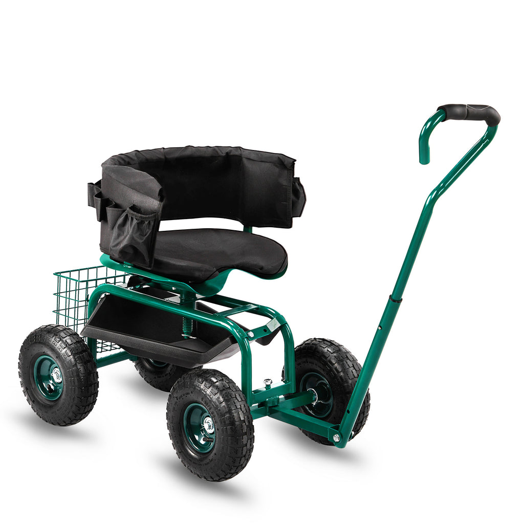 Garden Seat Cart 35.04*29.13*23.62inch, Black, Iron, with Backrest and Seat Cushion, Telescopic Handle, for Courtyard, Outdoor, Easy Planting, Gardening Tools, Garden