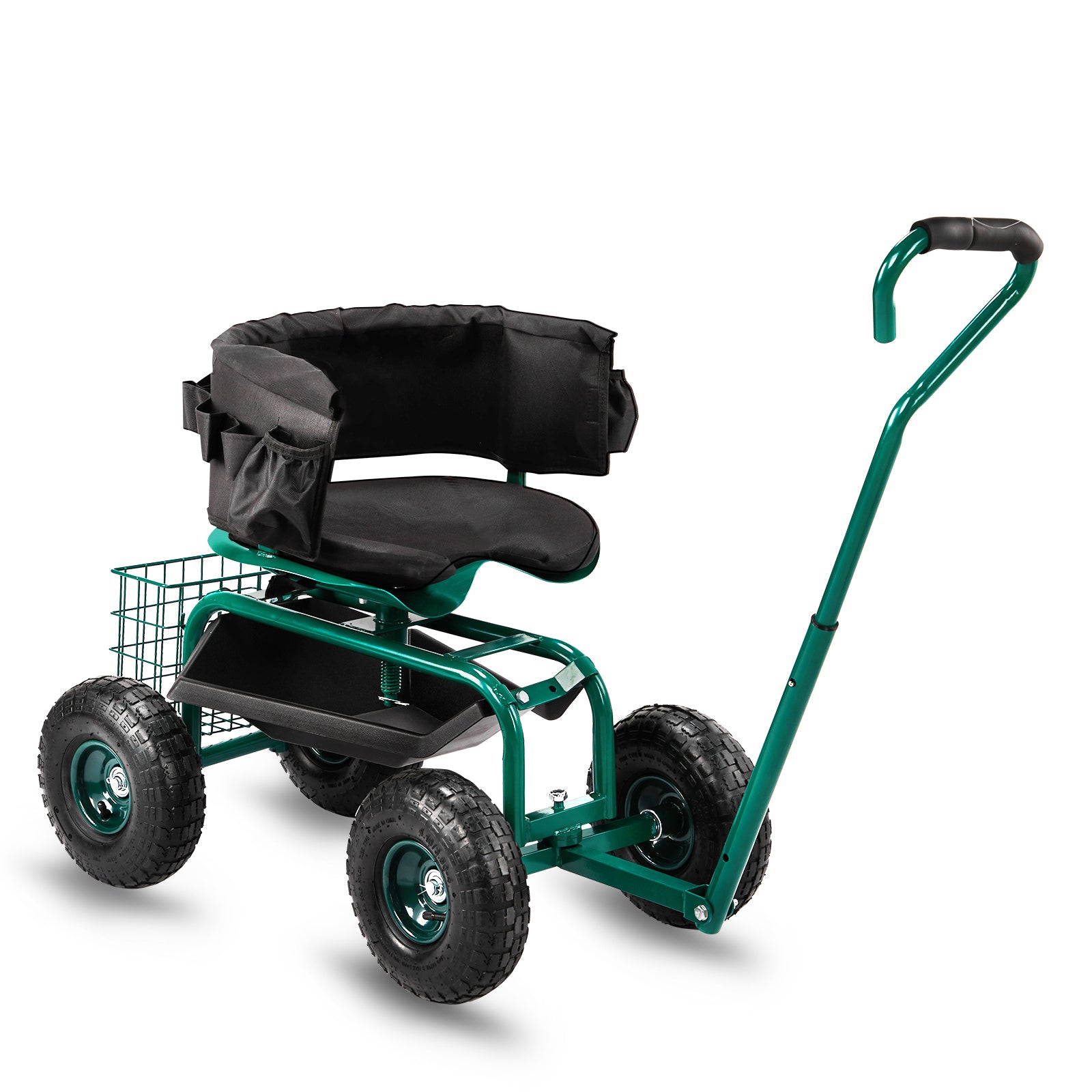 Garden Seat Cart 35.04*29.13*23.62inch, Black, Iron, with Backrest and Seat Cushion, Telescopic Handle, for Courtyard, Outdoor, Easy Planting, Gardening Tools, Garden