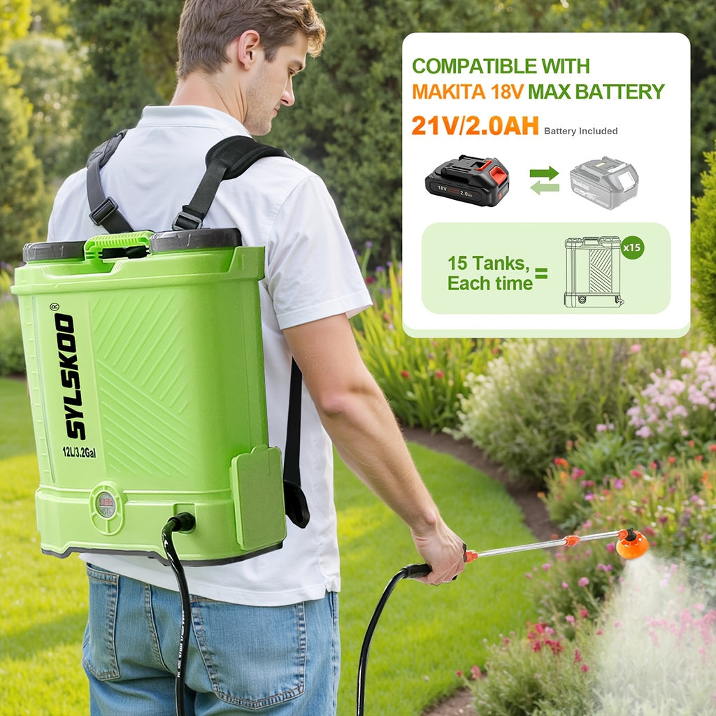 3.2 Gallon Backpack Sprayer Battery Powered, 0-80 PSI Adjustable Pressure Sprayer Compatible with 18V Battery, Electric Sprayer with Steel Telescopic Spray Wand, 5 Nozzles, 2.0Ah Battery&Charger Included