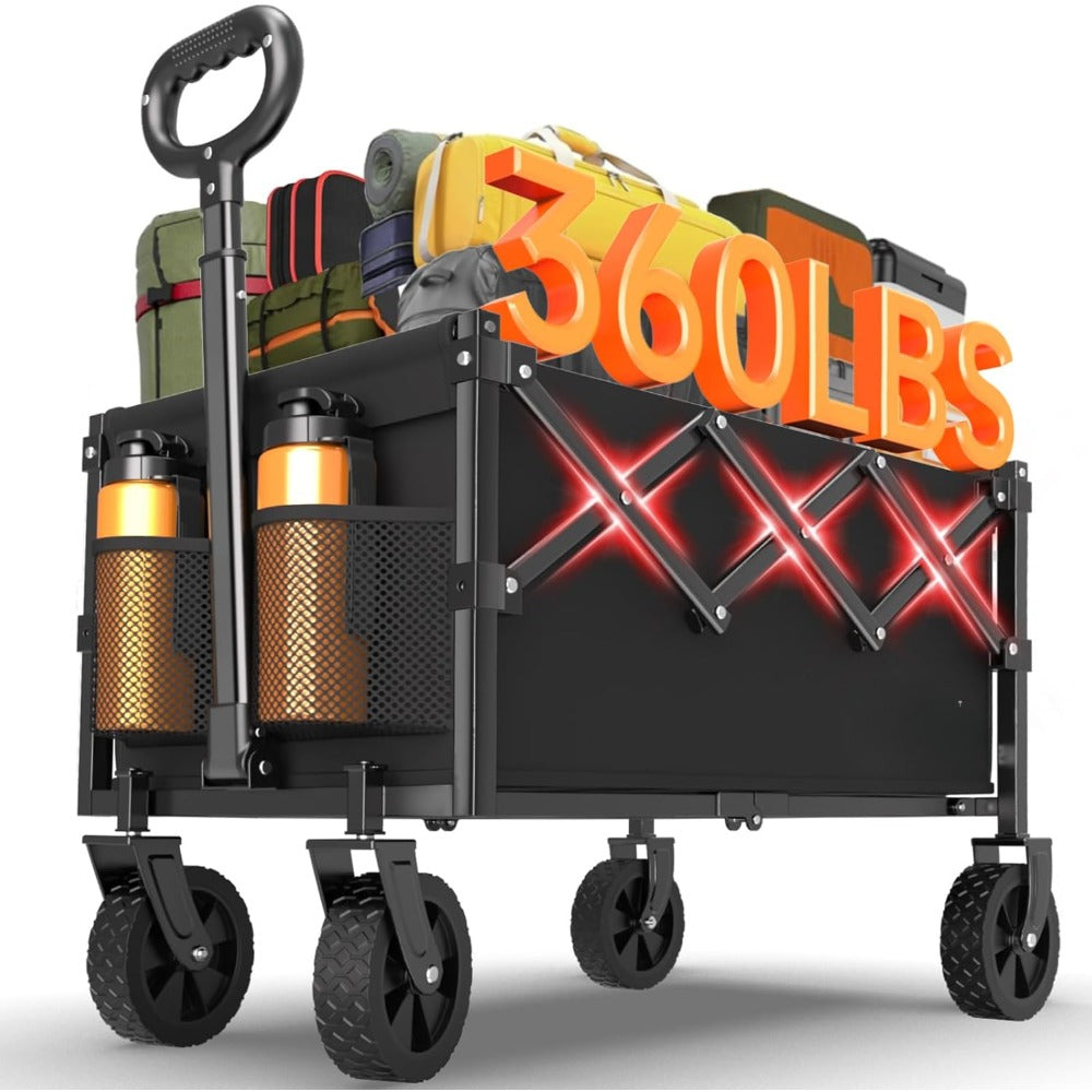 360LBS Heavy-Duty Wagons Carts Foldable Collapsible Wagon Cart with Wheels and Tailgate, Folding Utility Wagon Carts for Groceries, Outdoor Camping, Shopping, Beach, Garden