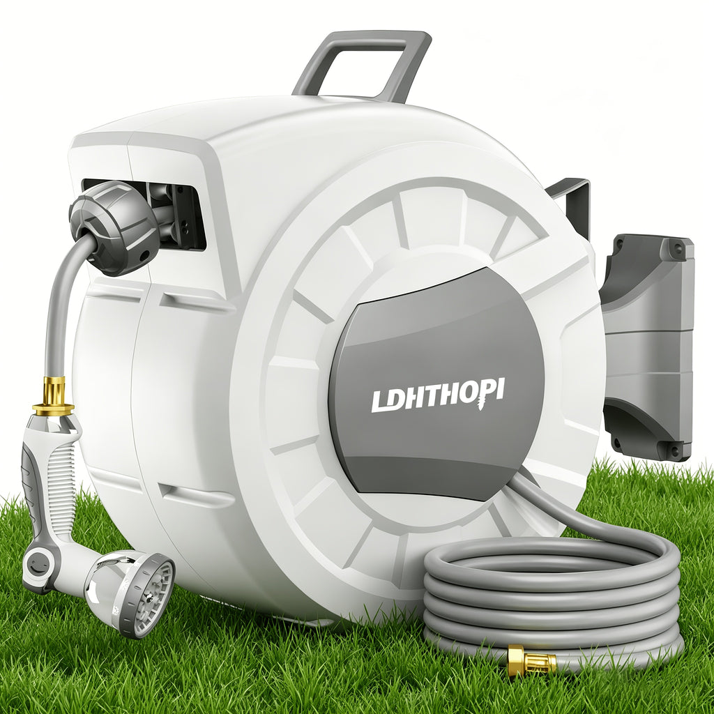 40/100/110/130FT X 1/2" Retractable Garden Hose Reel, Decorative Outdoor Garden Hose Reels - Automatic Self-Retracting Wall-Mount Hose Reel with Enclosed Storage, Any Length Lock, 10 Patterns Nozzle
