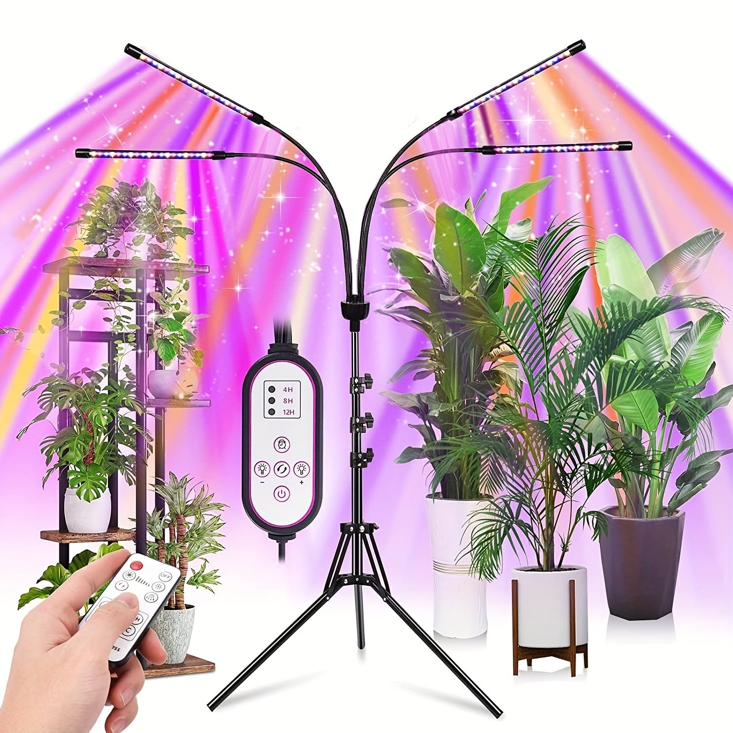 Grow Lights For Indoor Plants, 5 Heads Red Blue White Full Spectrum Plant Light With 29-61" Adjustable Tripod Stand, Indoor Grow Lamp With Remote Control And Auto On/Off Timer Function, Wireless Remote Control, Wired Lights