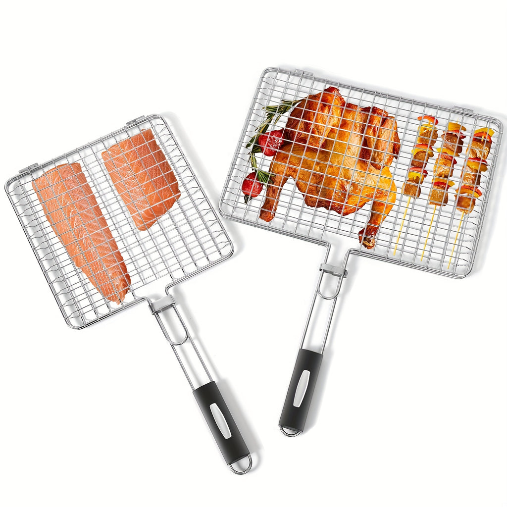 Stainless Steel Folding Barbecue Basket Portable Outdoor Camping Barbecue Accessories Suitable for Chicken, Meat, Fish, Steak, Vegetables, Grilled Skewers, Seafood, Dad Barbecue Gifts