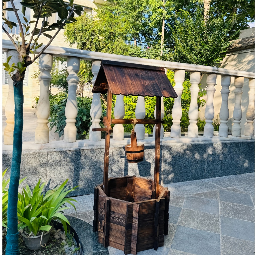 Garden Wooden Decor Rustic Wishing Well Planter Outdoor Home Decor for Patio, Upgrade Wishing Well Garden, Yard Hanging Bucket Patio Lawn Backyard Home Decor