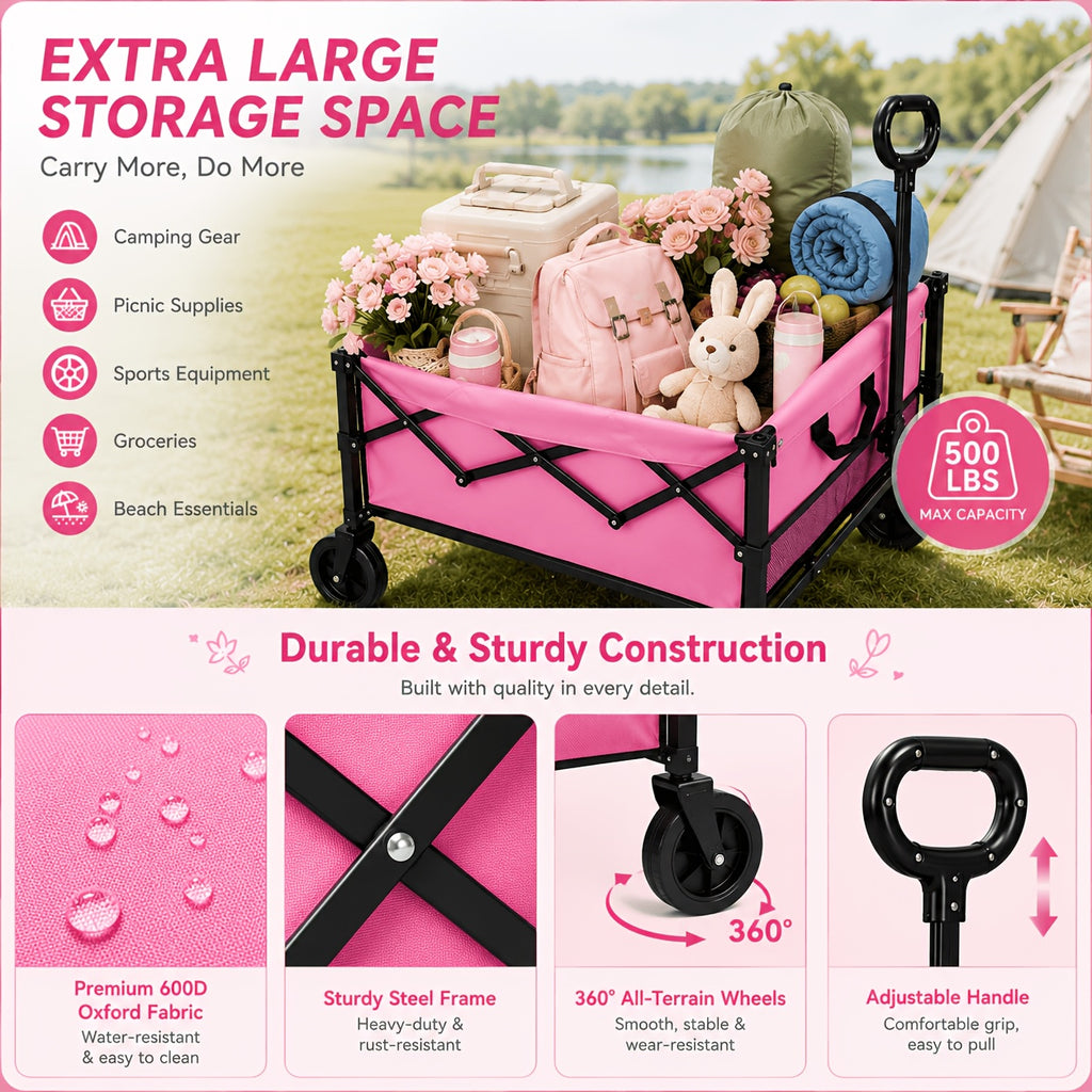 Pink Foldable Wagon Cart, Heavy Duty Collapsible Utility Wagon with Adjustable Handle & All-Terrain Wheels, Perfect for Camping, Picnic, Beach Days, Shopping And Outdoor Activities