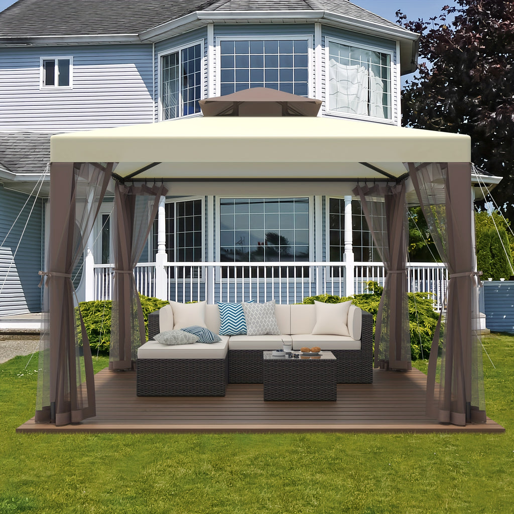 Outdoor Gazebo, 10x10 Patio Gazebo Waterproof Canopy Tent UV-Resistant 2-Tier Top Sturdy Canopy Tent for Camping with Mosquito Netting for Garden Patio Backyard