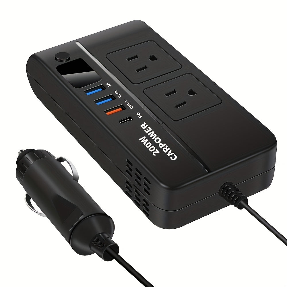 1pc 200W Car Inverter DC 12V to 110V AC Power Inverters for Vehicles with PD 20W USB-C, Dual USB Ports And QC3.0 Fast Charging Ports Car Charger Adapter And with Cigarette Lighter Hole