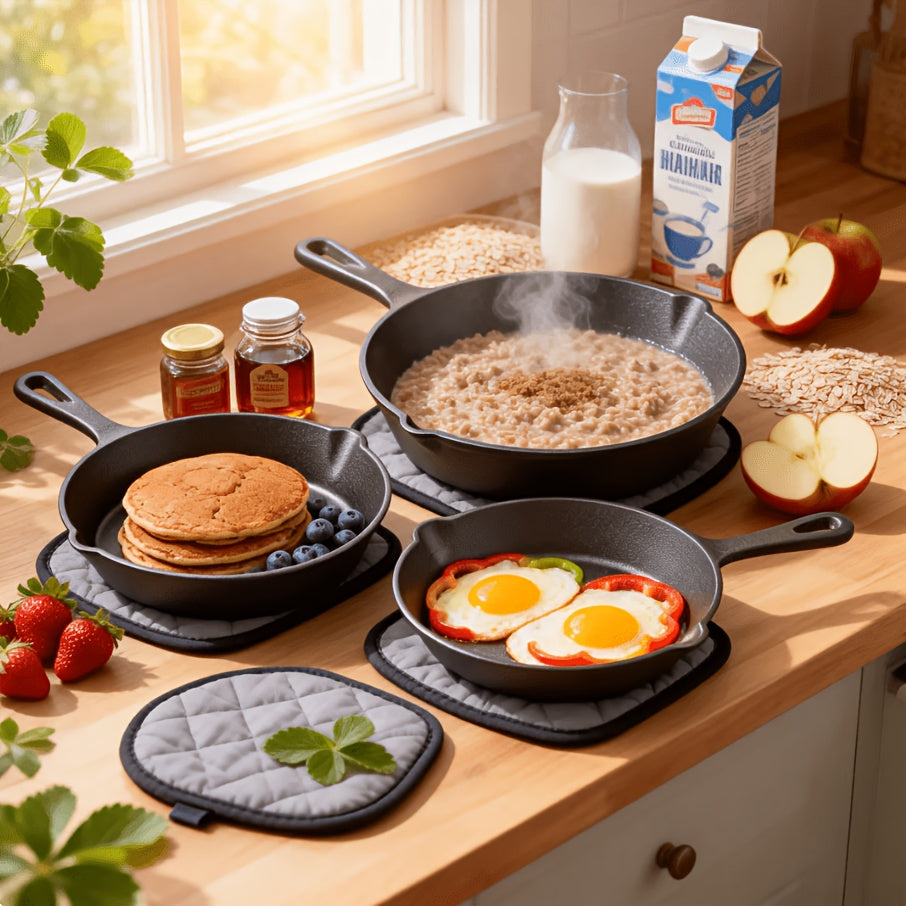 3pcs Heavy-Duty Cast Iron Skillet Pan Set - Pre-Seasoned Round Cookware with Stovetop & Even Heat Distribution, Featuring An Uncoated Skillet with A Handle, Versatile for Home Cooking, Outdoor Camping Grilling, Steaks, And Omelettes