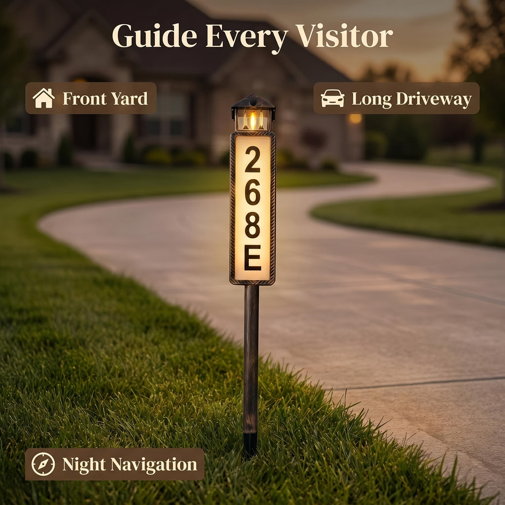 Solar Powered Address Sign with 3 Color Modes, IP44 LED Illuminated House Numbers for Outside, Yard, Apartment, Street - Easy to Install
