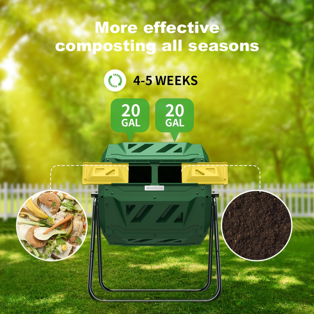 Tumbling Composter with Two Chambers, 43 Gallons, Suitable for Kitchen Scraps, Garden Debris, Patio Waste, And Yard Leaves