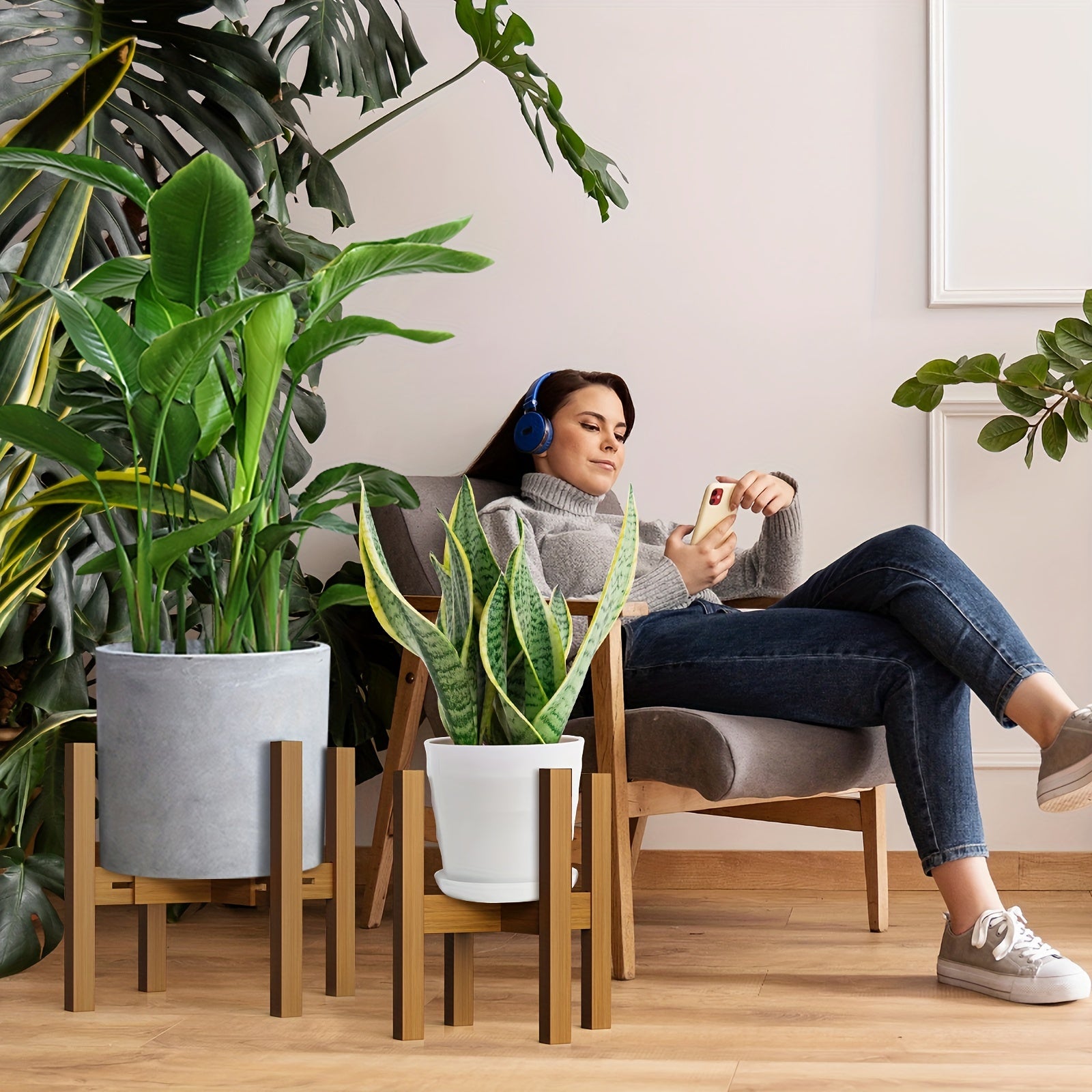 Adjustable Plant Stand Indoor & Outdoor, Modern Bamboo Plant Stand Mid Century Corner Plant Stands Stable Flower Stand For 8-12 Inches Plant Pot