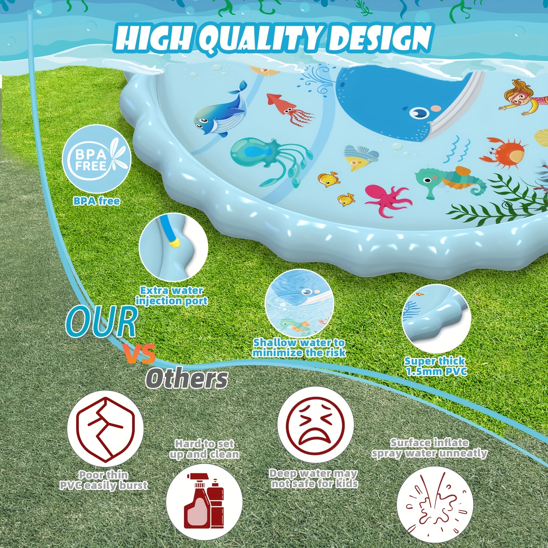 Splash Pad, Sprinkler & Splash Play Mat Toys for Kids Water Toys, Inflatable Wading Pool Extra Large Thicker Summer Outdoor Funny Toys for 3+ Years Old Children Boys & Girls