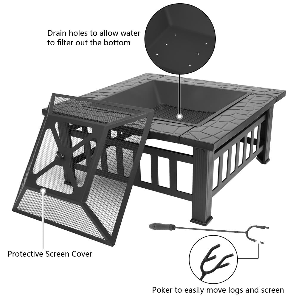28 Inch Outdoor Fire Pit Firepit Table Metal Outdoor Fireplaces for Outside Patio Camping Black