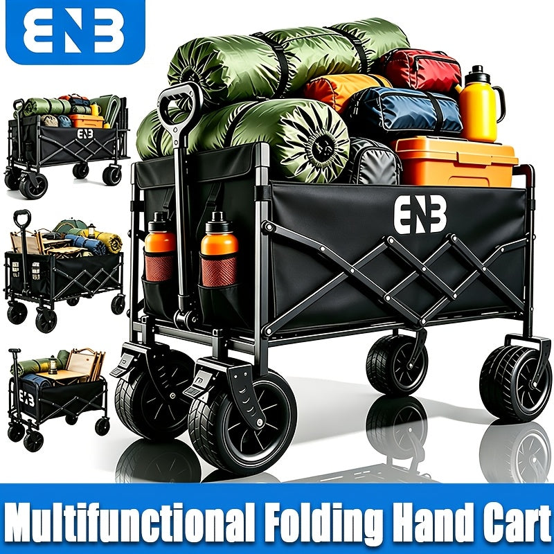 Heavy-Duty Reinforced Frame Folding Cart with Adjustable Telescoping Handle And Side Storage Pockets. Large-Capacity, Multi-Purpose Cart And Garden Cart Ideal for Camping, The Beach, Gardening, And Grocery Runs. Black with Drink Holder