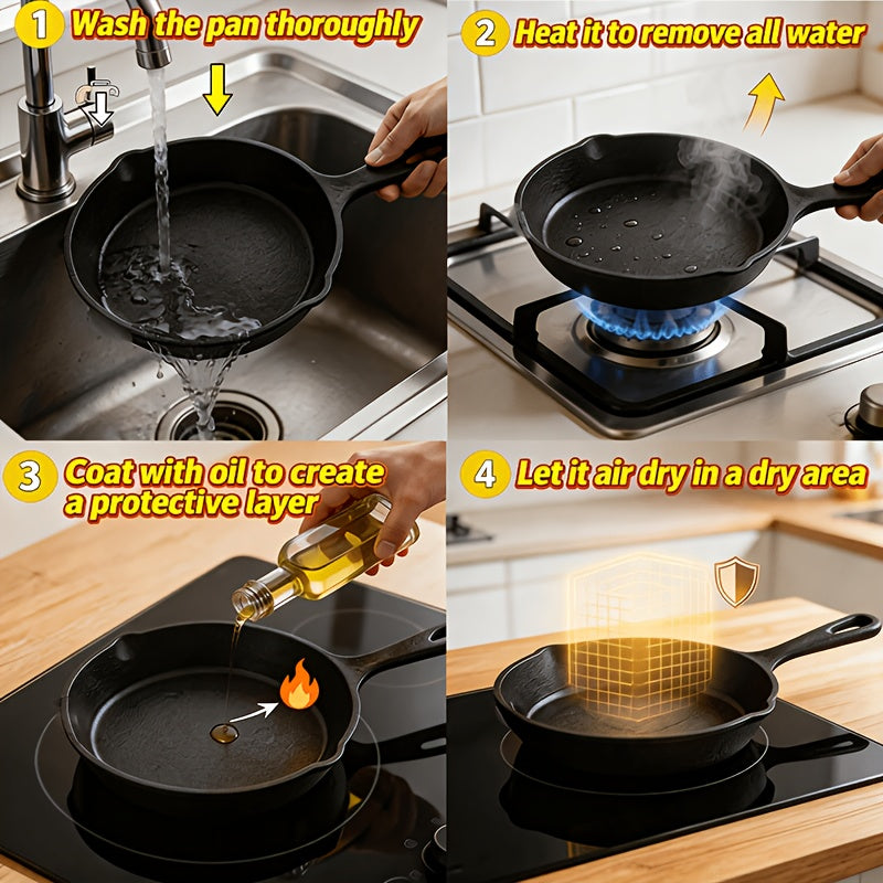 3pcs Heavy-Duty Cast Iron Skillet Pan Set - Pre-Seasoned Round Cookware with Stovetop & Even Heat Distribution, Featuring An Uncoated Skillet with A Handle, Versatile for Home Cooking, Outdoor Camping Grilling, Steaks, And Omelettes