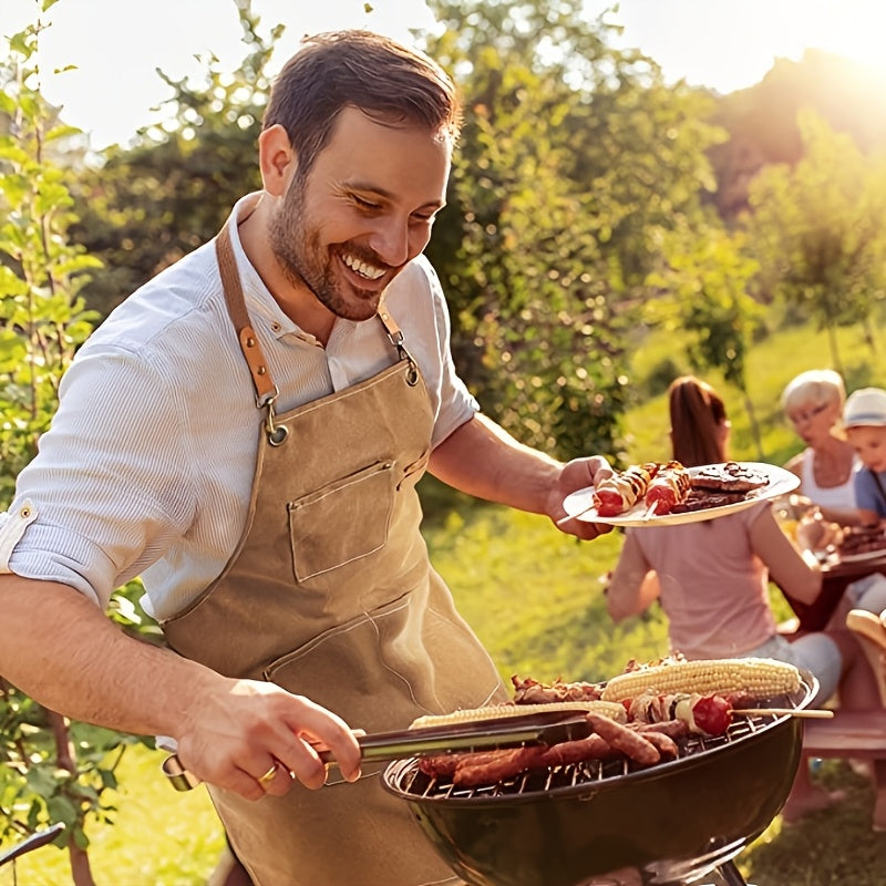Men And Women's Cross-back Apron, Made Of Canvas with Material, Suitable for Outdoor Barbecues, Outdoor Work, Art Painting And Gardening. It Has 3 Tool Pockets And Adjustable Fastening.