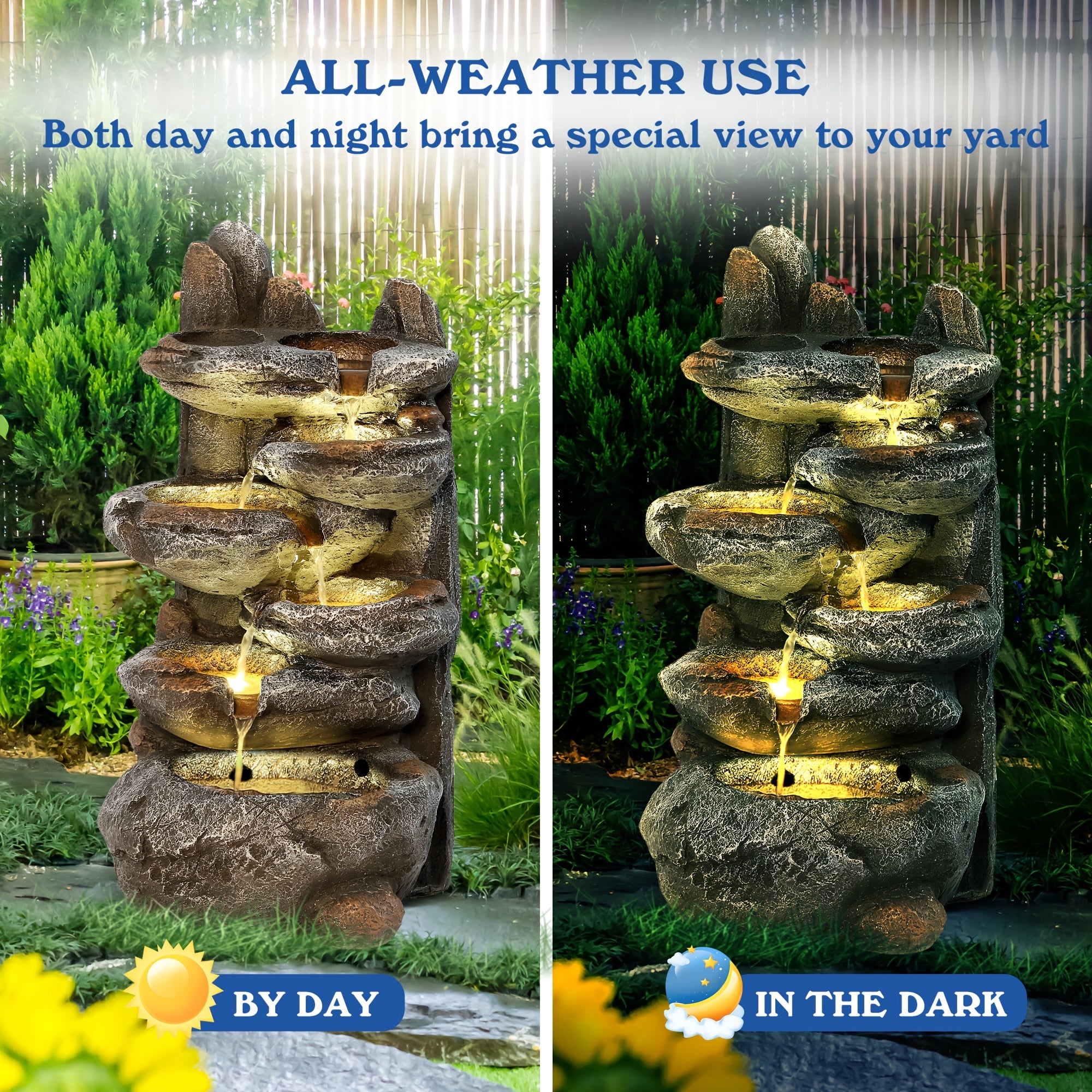 6-Tier Cascading Rockery IPX5 Outdoor Fountain, Garden Floor-Standing Stone Waterfall Fountains with Pump Rocky Peak Decor, Soothing Tranquility Water Fountain for Home Garden Yard, 26" H