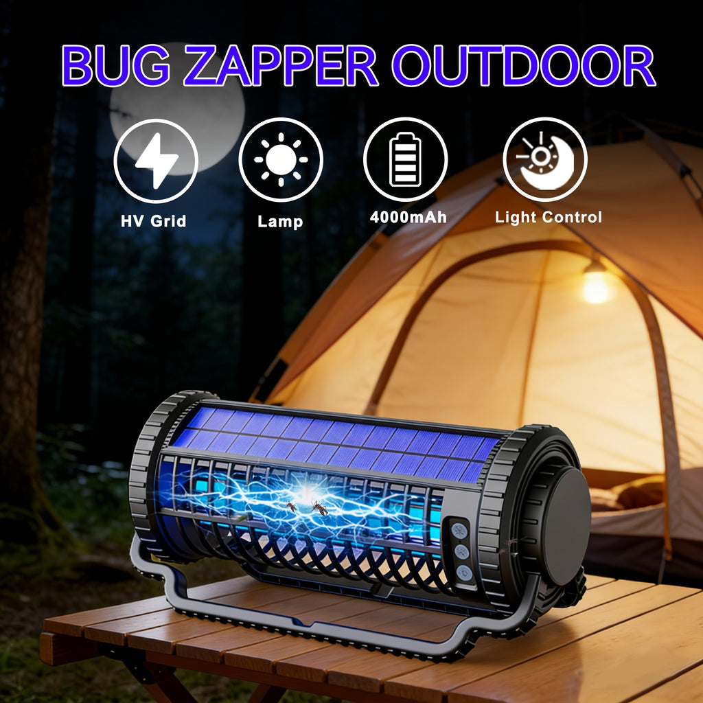 Solar Bug Zapper & Mosquito Killer Lamp - UV, Auto-Sensor, Dual Charging (Solar + USB) With 4000mAh Battery, Lighting Mode, For Indoor/Outdoor, Camping, Patio, Effectively Traps & Kills Mosquitoes, Flies, Gnats, Fruit Flies Mosquito Trap.