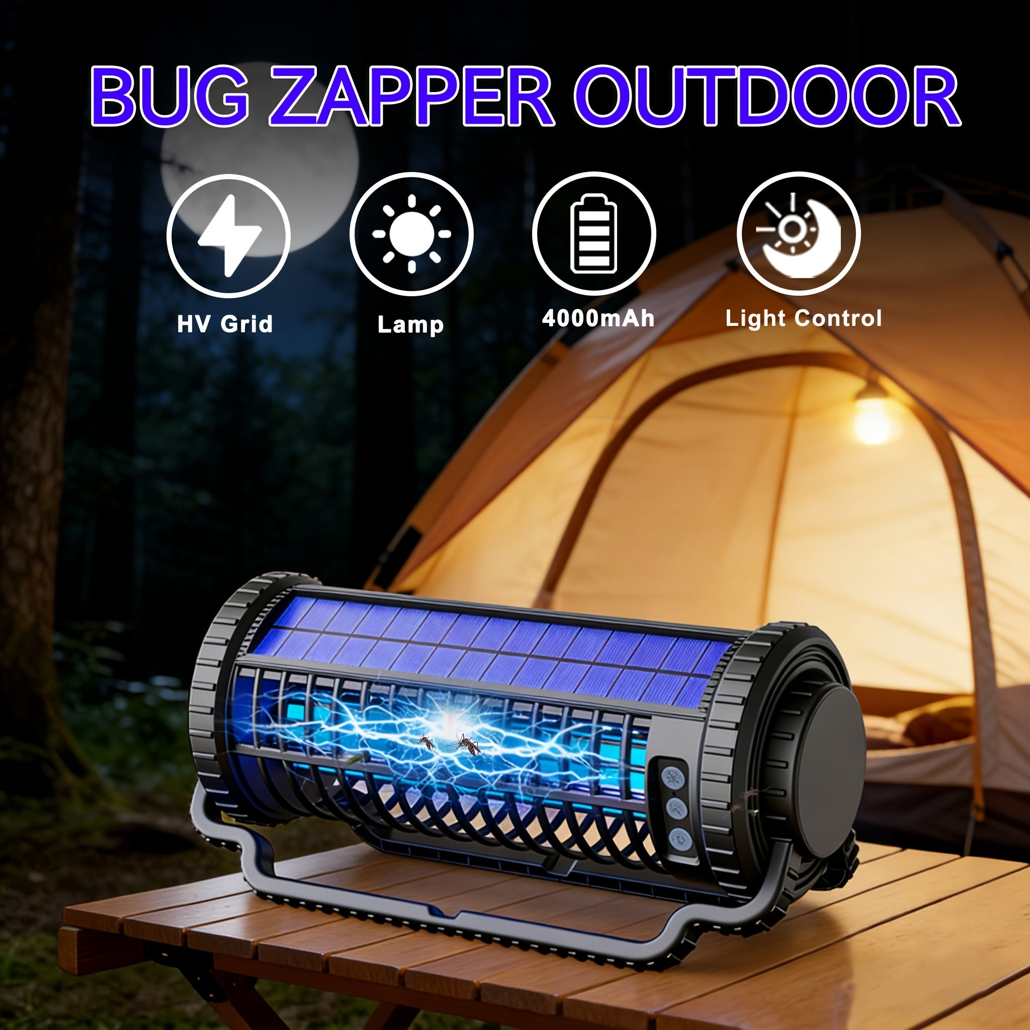 Solar Bug Zapper & Mosquito Killer Lamp - UV, Auto-Sensor, Dual Charging (Solar + USB) With 4000mAh Battery, Lighting Mode, For Indoor/Outdoor, Camping, Patio, Effectively Traps & Kills Mosquitoes, Flies, Gnats, Fruit Flies Mosquito Trap.