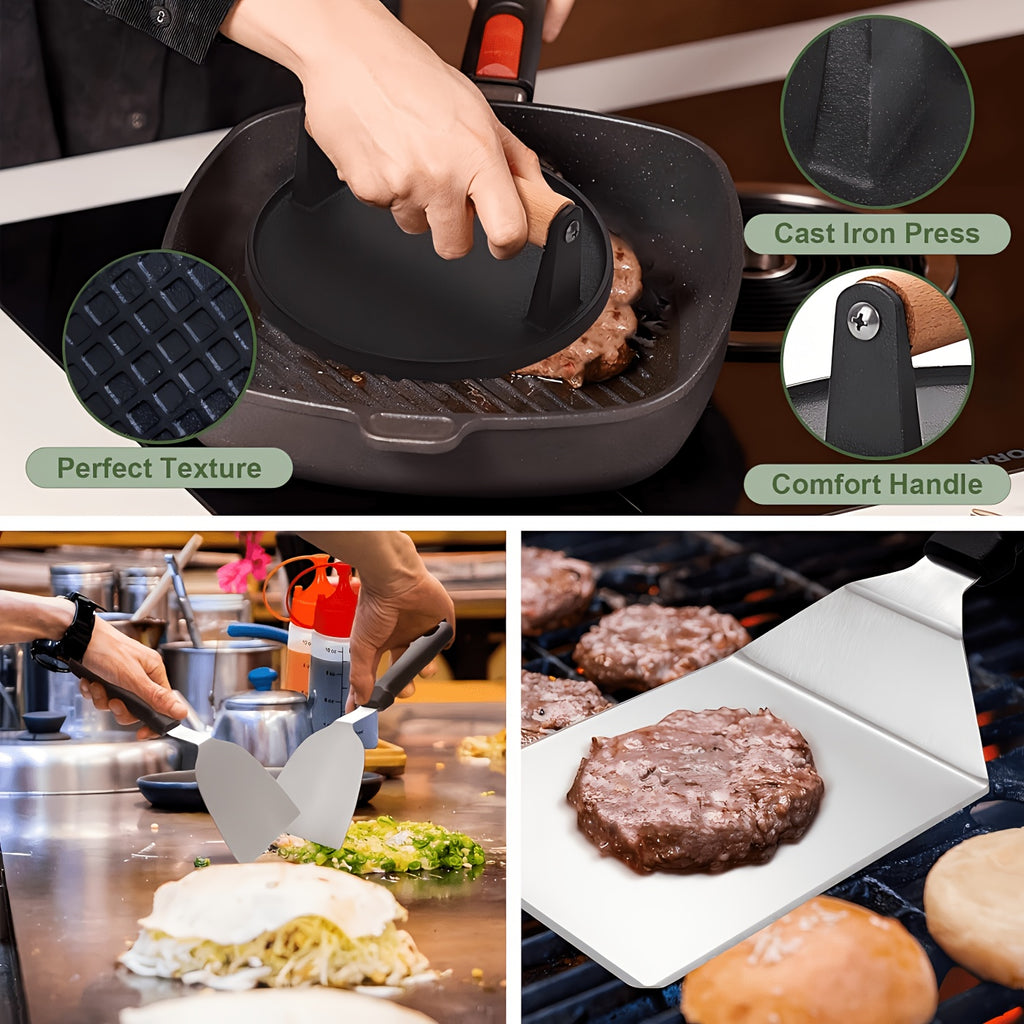 17/19pcs Of Flat-bottomed Baking Tray Accessories Set, Barbecue Set, Barbecue Accessories, Teppanyaki, Meat Pressure Plate, Kitchen Tools, Suitable for Family Kitchens, Outdoor Barbecues And Courtyard Dinners.