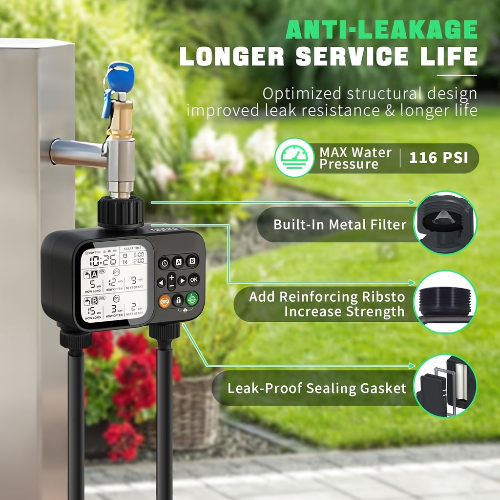 Garden Hose Watering Timer - Water Timer with 2 Outlets - Rain Delay/Manual Watering/Automatic Irrigation Control System Hose Timer for Plants, Gardens, Lawns and Outdoors Programmable Faucet Timer