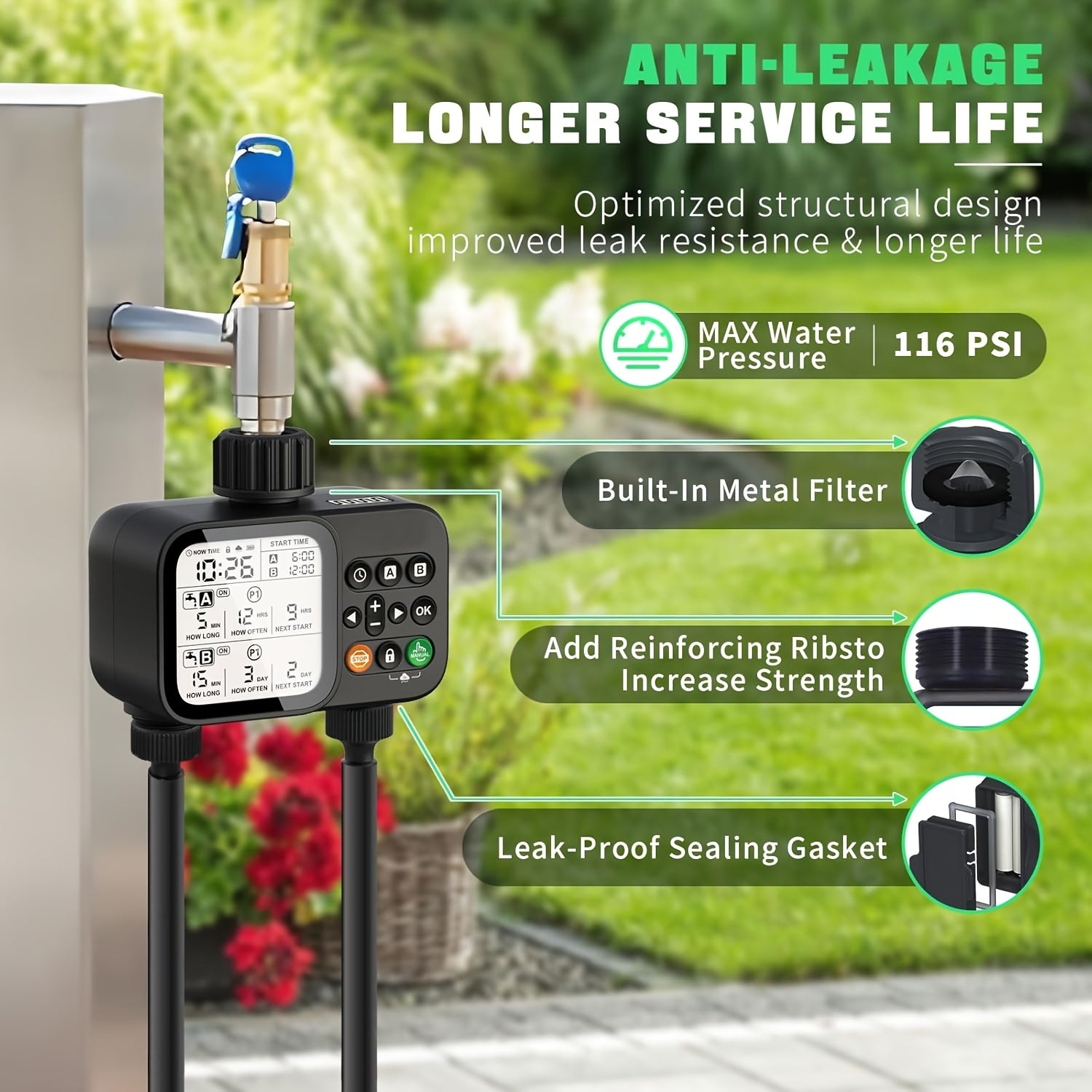 Garden Hose Watering Timer - Water Timer with 2 Outlets - Rain Delay/Manual Watering/Automatic Irrigation Control System Hose Timer for Plants, Gardens, Lawns and Outdoors Programmable Faucet Timer