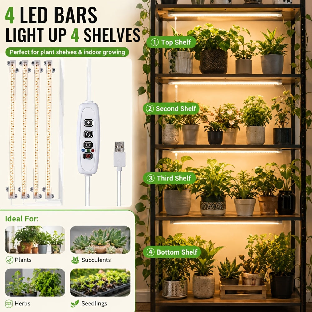 [Full Spectrum] 4 Strips Grow Lights 3500K White Full Spectrum LED Growing Light for Under Cabinet Plant, Indoor Plants, Mini Bonsai, Small Plants, Hydroponics Succulent, 10 Levels Dimmable & Timer 3/9/12Hrs, USB Powered 5V Low Safe Voltage