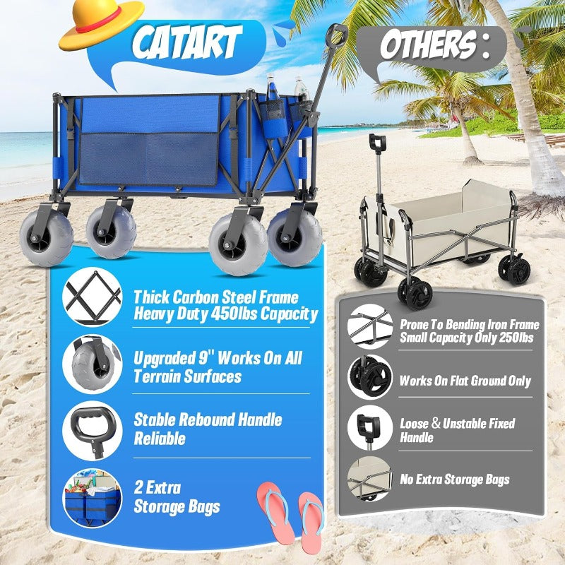 [Beach Cart & Wagon] Heavy-Duty Large Wheel Beach Cart & Transport Wagon with 450 lbs Capacity, 68.68gal Capacity, 9-Inch All-Terrain Tires, Foldable Design, Adjustable Handlebar & Storage Bag & Cooler - Sturdy Multi-Layer Carbon Steel Frame, Reinforced P