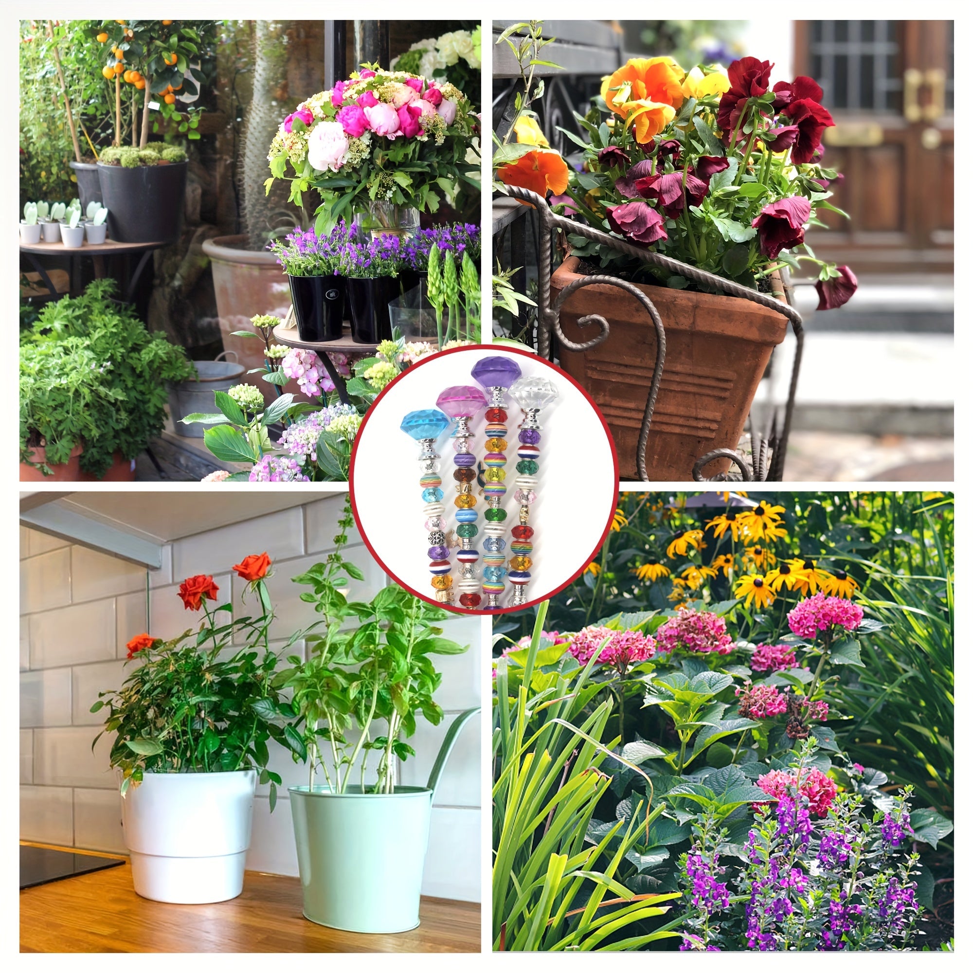 129pcs Garden Stakes Decorative Beaded Garden Stakes with Crystal Stopper Top Round Glass Bead Silver Bail Bead with Pendant Silver Bead for Outdoor Decoration