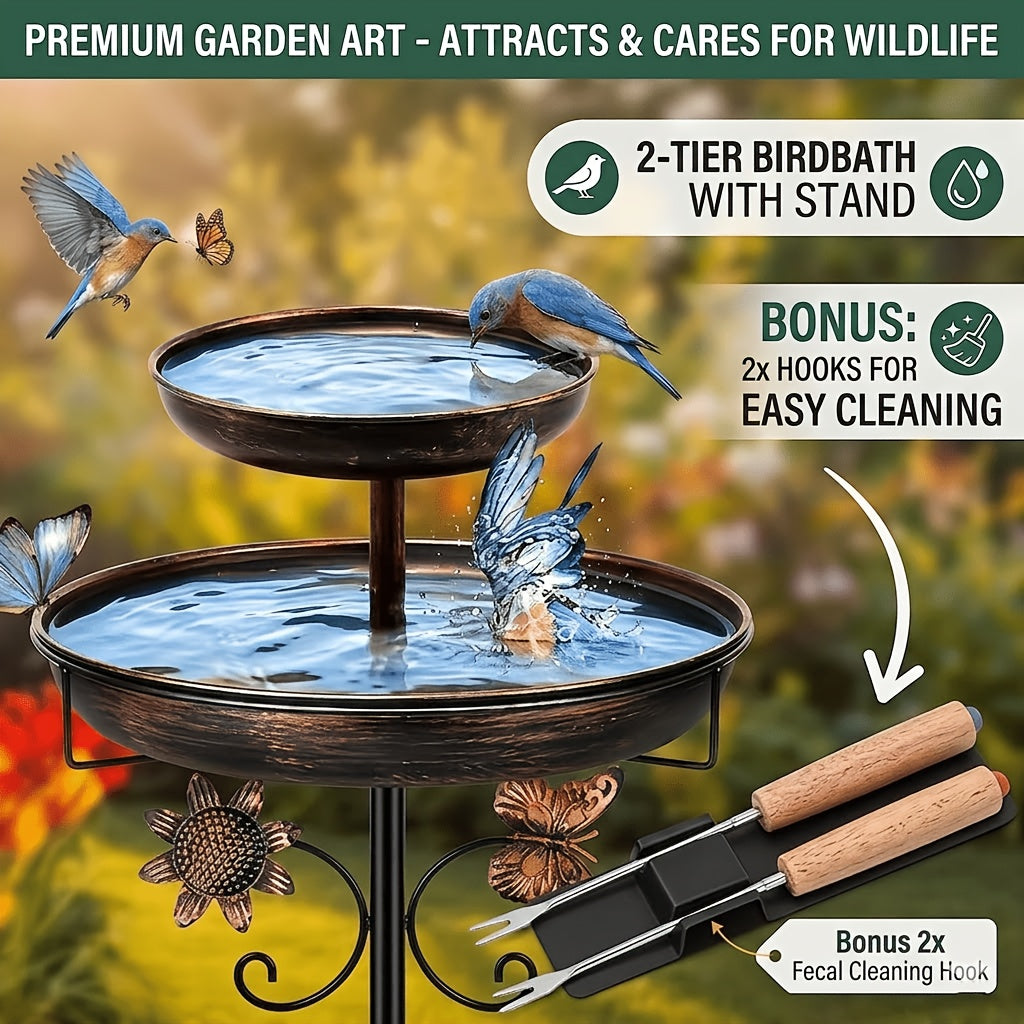 46 Inch Heavy-duty Metal Double-layer Bird Bath Tub -7.9 Feet Plus 12 Inches Double-layer Large Capacity Water Collection Feeding Basin, 5-claw Stable Base, Durable, Courtyard Decoration, Easy To Install And Clean, Multifunctional Bird Feeder