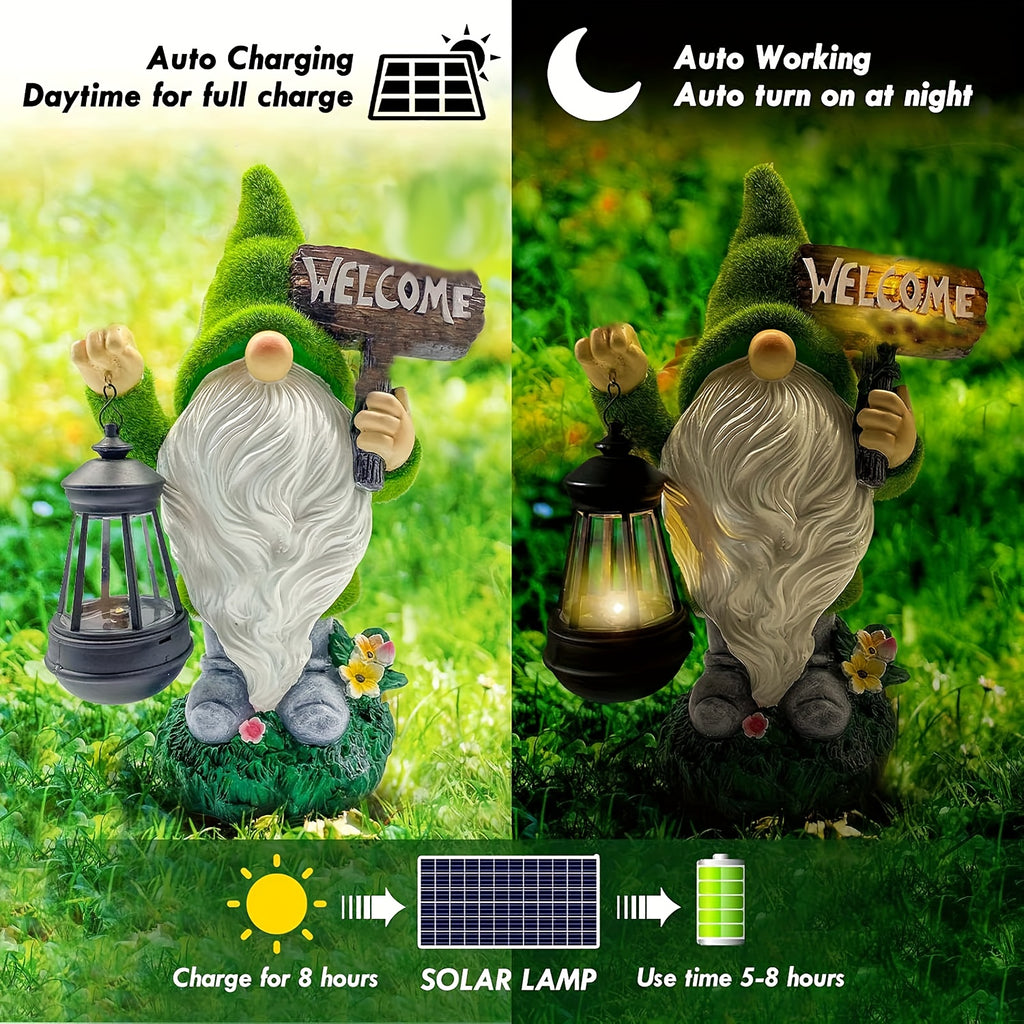 [Solar Gnome Decor] Large Flocked Resin Garden Gnome Statue | Outdoor Decor with Solar Light Holding Lantern Welcome Sign, Dwarf Sculpture for Yard, Patio, Porch, Lawn - Halloween & Christmas Decorations