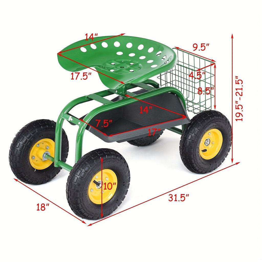 Heavy Duty Garden Cart Rolling Work Seat Gardening Planting W/ Tool Tray
