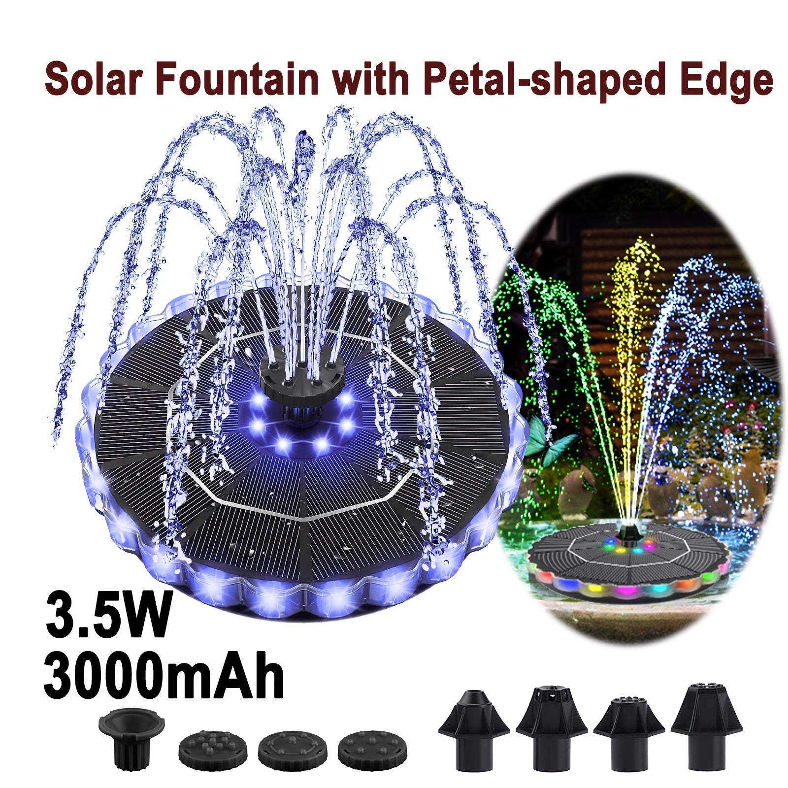 Petal Shape 2-in-1 Bird Bath Fountain Solar & Battery Operated, LED Light IPX8 Waterproof Outdoor Water Fountain For Garden Yard