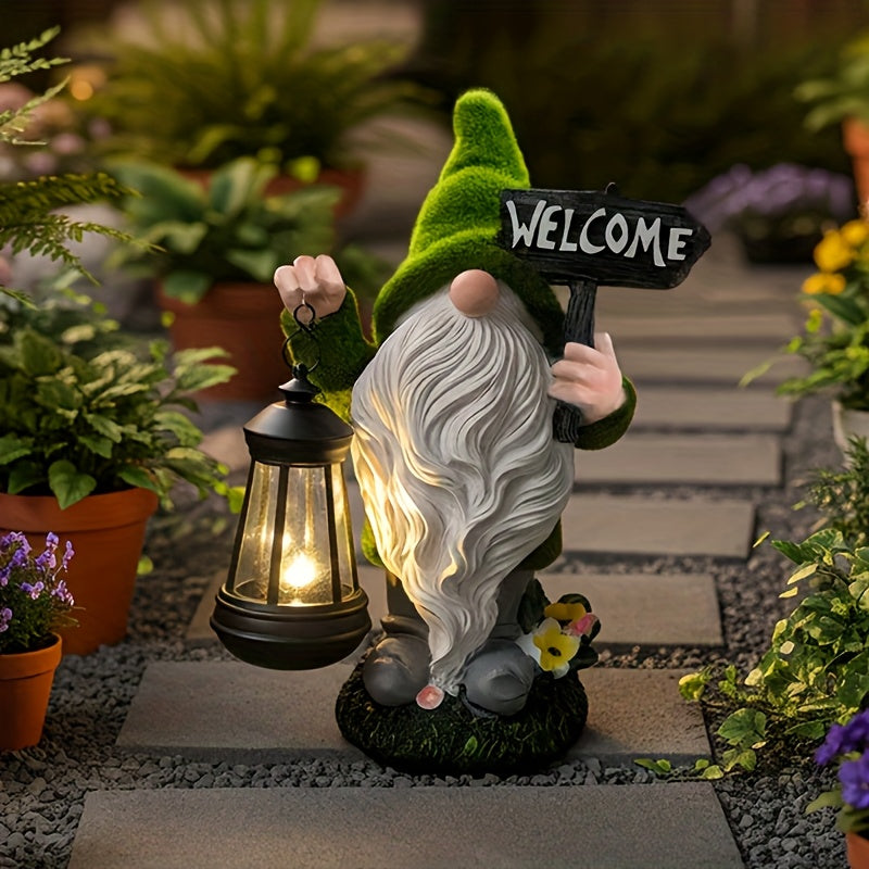 [Solar Gnome Decor] Large Flocked Resin Garden Gnome Statue | Outdoor Decor with Solar Light Holding Lantern Welcome Sign, Dwarf Sculpture for Yard, Patio, Porch, Lawn - Halloween & Christmas Decorations