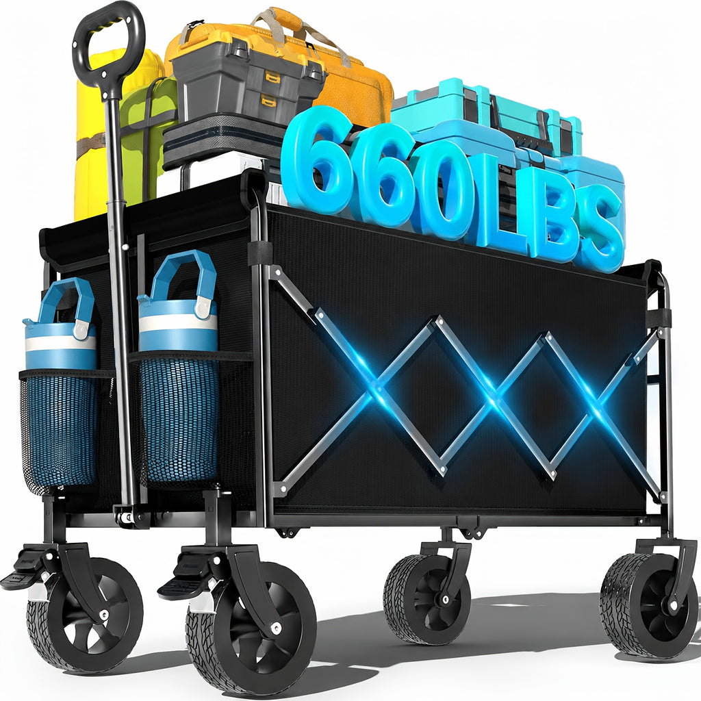 280/450//500/660LBS, All Terrain Heavy Duty Folding Cart, Large Capacity Camper Suitable For Yard Shopping/ Sports/ Outdoor/ Gardening Equipment Handling, Black Multifunctional Utility Car