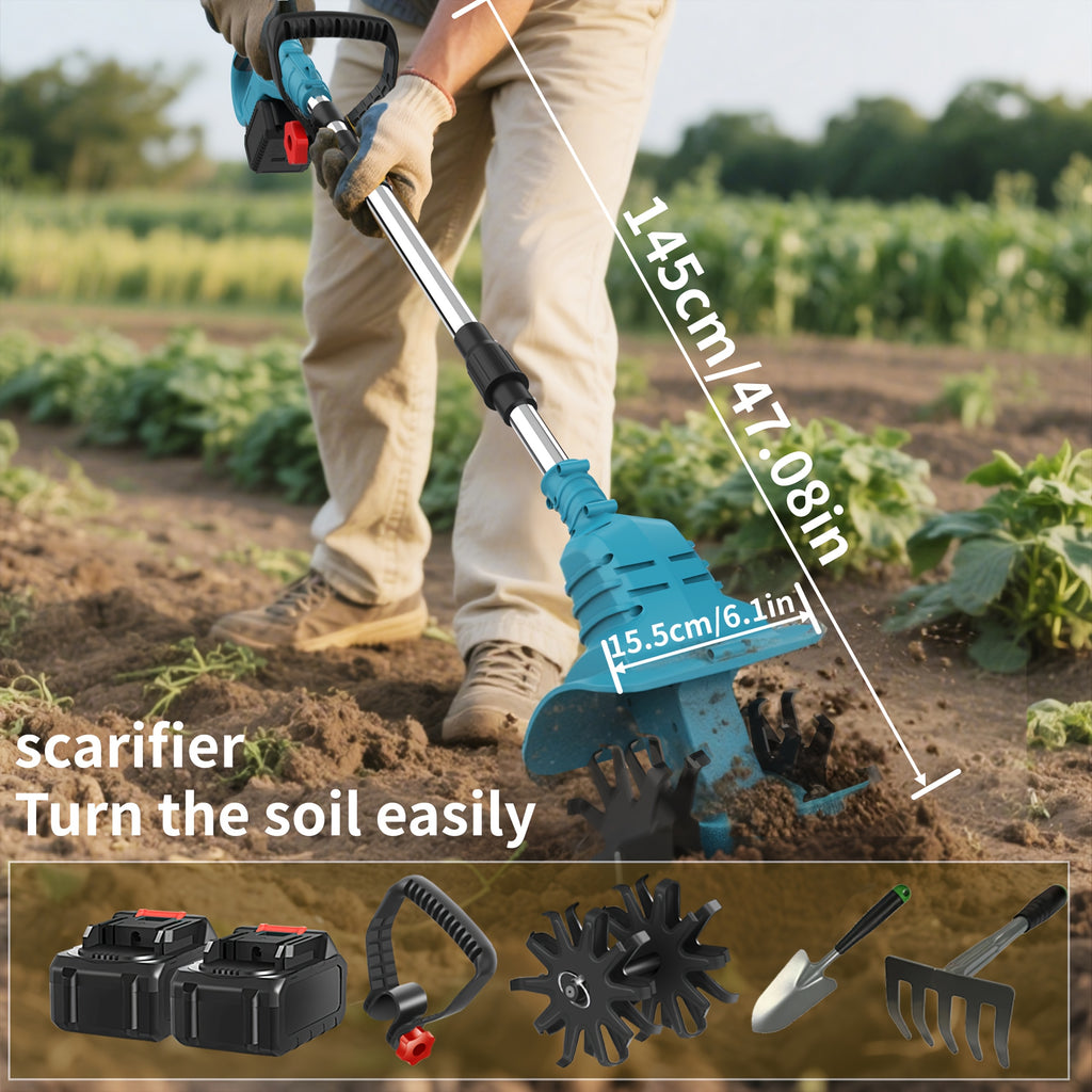 Cordless Electric Tiller And Garden Scarifier, Cordless Tiller 270 RPM Lightweight, Portable with 2 X 3.0Ah Batteries And Charger, Durable Metal Structure Landscape Maintenance, Compact Design, Long-Lasting Performance