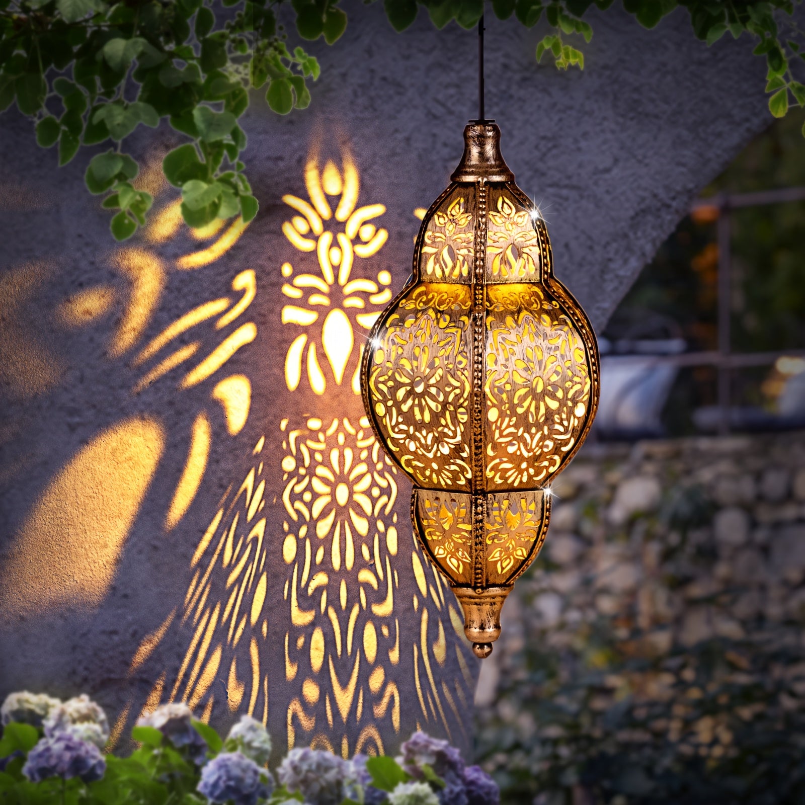 27.17 Inch Outdoor Hanging Lantern Light - Metal Projector Suitable for Garden, Patio, Porch, Lawn & Deck - Detachable Solar Panel, Oil-Rubbed, Ceiling/Pendant Mount