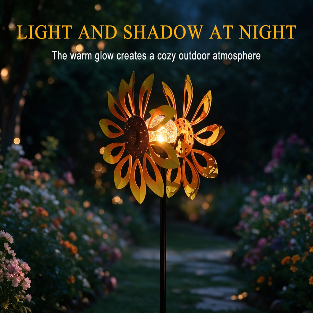 Outdoor Patio Landscape Decor, Solar Powered Metal Sunflower Wind Spinner with Night Glow Light, Collects Sun Energy During The Day And Shines After Dark, Weatherproof Kinetic Rotation Design for Garden Yard Lawn Decorative Ornament