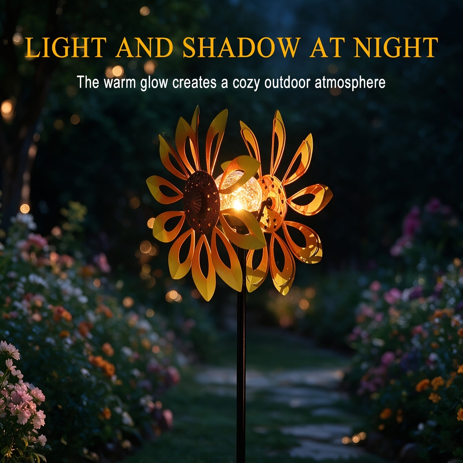 Outdoor Patio Landscape Decor, Solar Powered Metal Sunflower Wind Spinner with Night Glow Light, Collects Sun Energy During The Day And Shines After Dark, Weatherproof Kinetic Rotation Design for Garden Yard Lawn Decorative Ornament