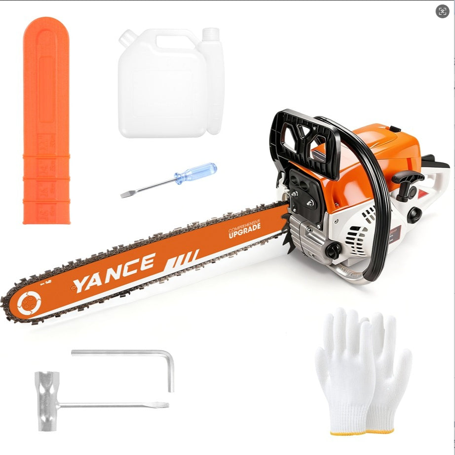 Professional 62CC Gasoline Chainsaw 18/20 Inch Chain Powerful 2-Stroke Engine for Heavy Duty Wood Cutting Logging Farm Use Durable Quiet Safe with Anti-Vibration Handle Additions Included