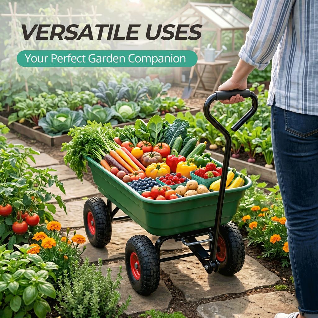 Gardening Supplies, Father's Day Gifts, Local Warehouse - Heavy Duty Garden Dump Cart with Steel Frame & Pneumatic Tires, 350 Lbs Capacity Rotating Dump Bed, All Terrain Utility Wagon for Lawn Yard Farm Outdoor Use