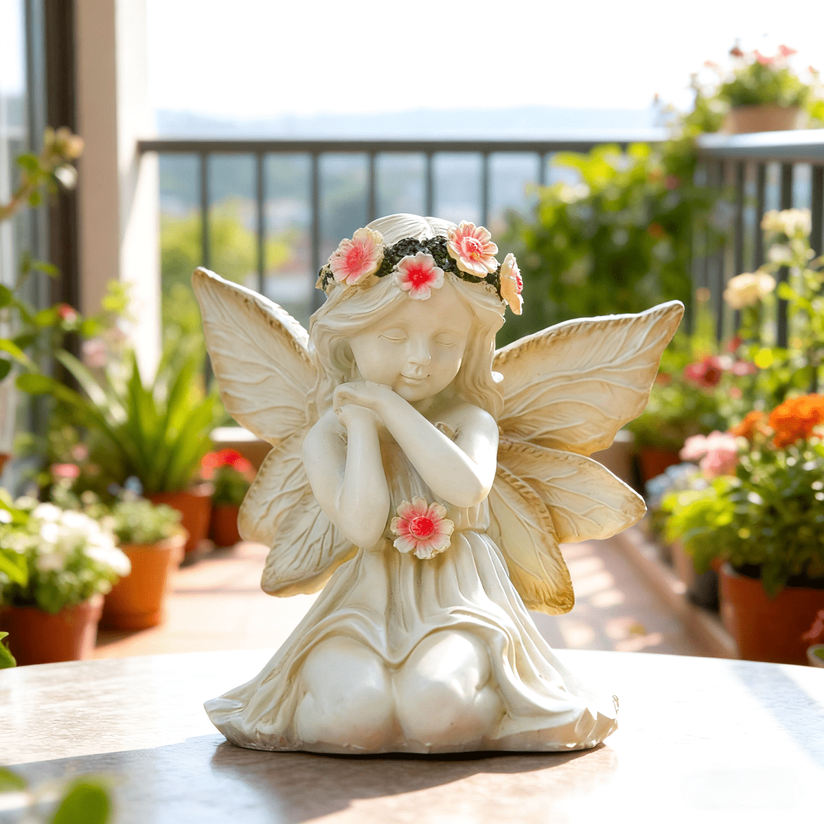 Solar Angel Garden Statue, Outdoor Lawn Decor Figurine Light, Resin Flower Sculptures with LED Lights, Art Housewarming Ornament Gift for Yard Fairy Backyard Lawn Patio Porch Balcony