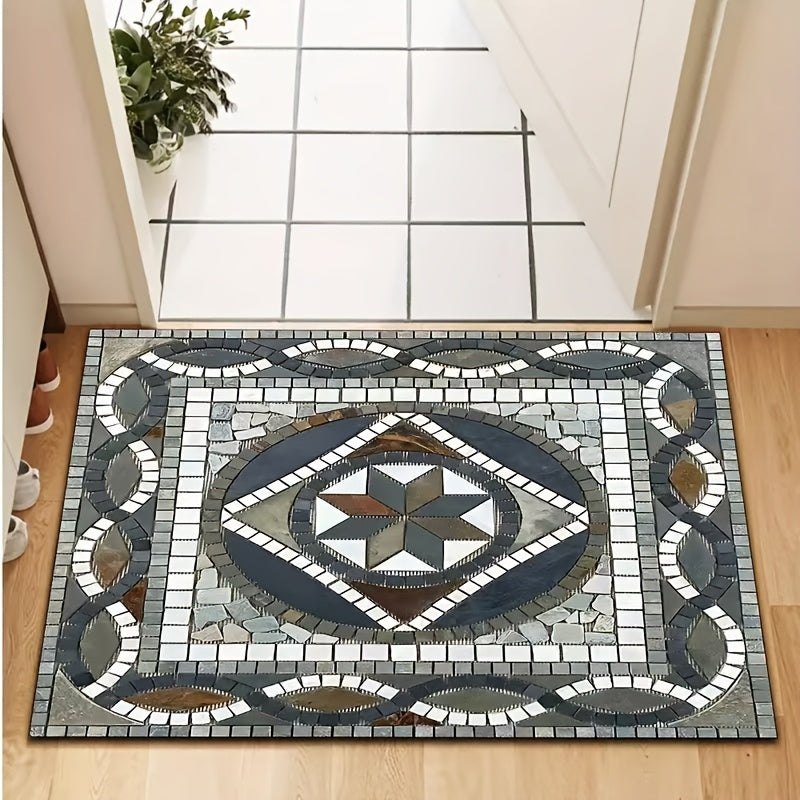 Crystal Velvet Mat - Durable 850g/m², Rockabilly Floral & Persian Patterns, Anti-Slip Backing, Machine Washable 100% Polyester, Suitable for Living Room, Bedroom, Entrance - Gray & Black Marble Texture | Boho Style Mat for High-Traffic Areas