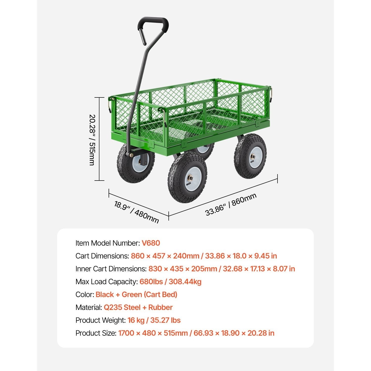 VEVOR Steel Garden Cart 680/900/1200lbs Capacity Heavy Duty Wagon Cart 13in Tires