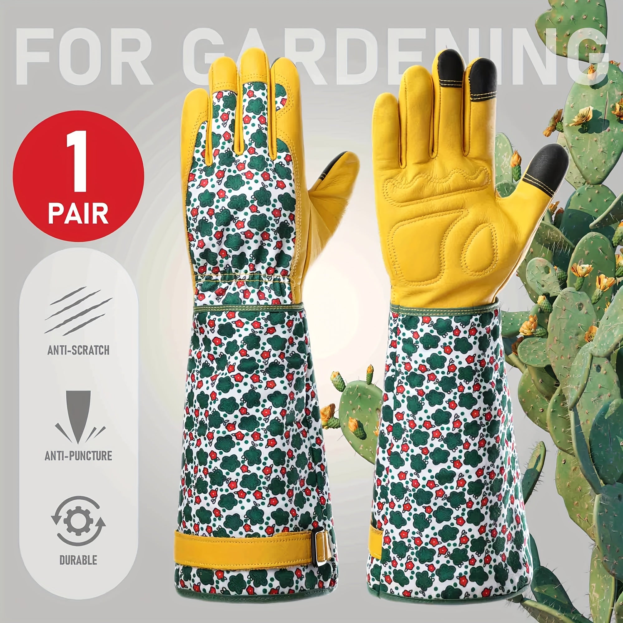 JOISIV Durable And Comfortable Women's Long Gardening Gloves, Green Print And Breathable Gauntlet Rose Gloves, Thorn Proof for Yard And Garden Work, A Pair
